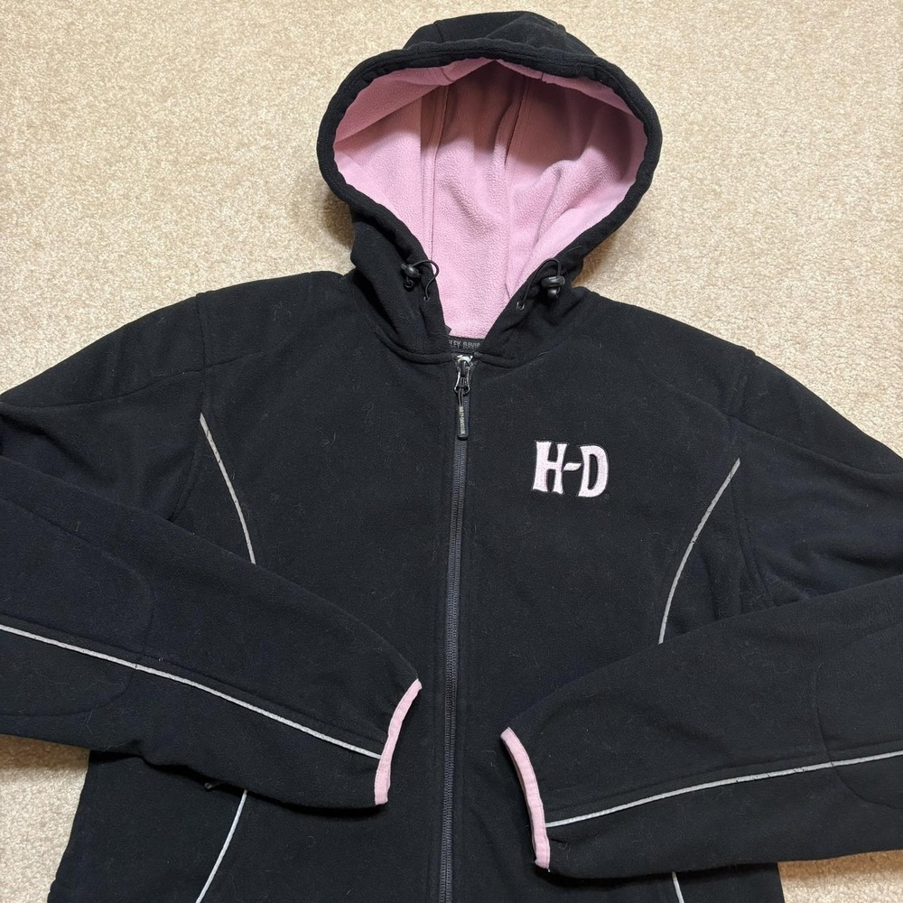 Harley-Davidson Jacket Womens Large Black Fleece Hooded Pink Lining Moto Biker